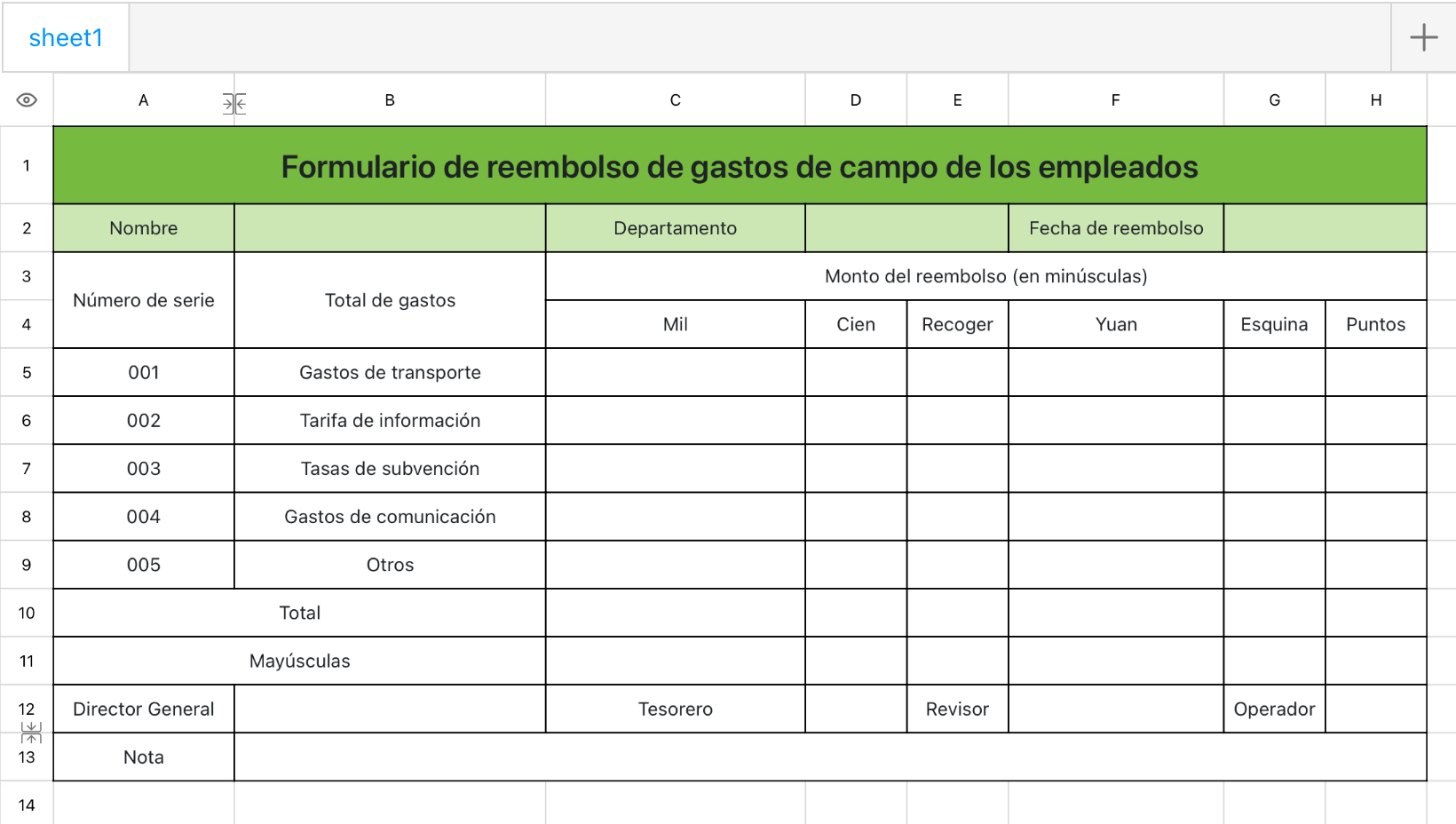 Formulario de reembolso de gastos de campo de los empleados